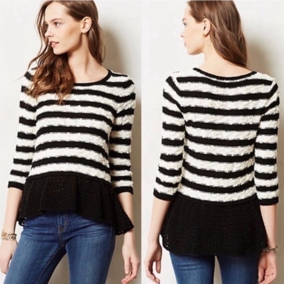 Knitted Knotted Anthropologie Peplum Sweater Stripe Black White Size L - Picture 1 of 16